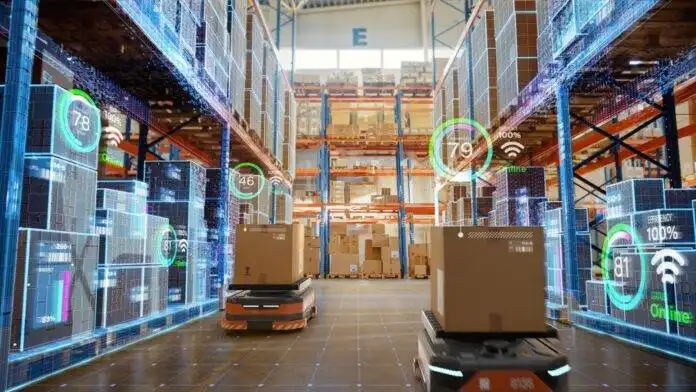 Future,Technology,3d,Concept:,Automated,Retail,Warehouse,Agv,Robots,With